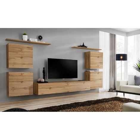 Ensemble mural - Switch IV - 1 vitrine - 1 banc TV - 2 étagères - Bois - Livraison gratuite