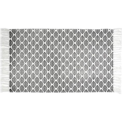 Tapis de cuisine rectangulaire 50x80 cm en coton – Motif feuilles – Finition pompons – Lavable en machine à 30°C – Linnea (1/3)