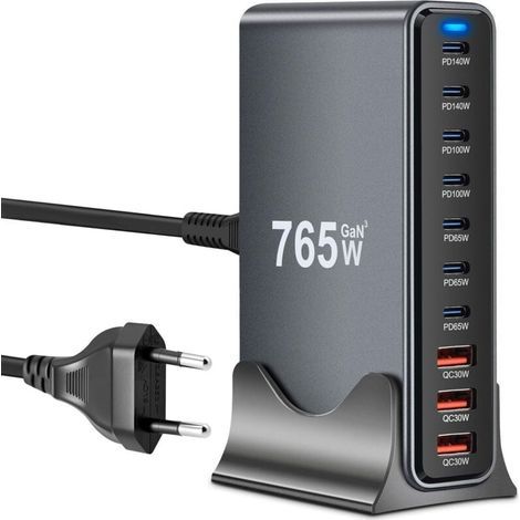 Caricatore USB C GaN III da 765 W con 10 porte, caricatore rapido USB GaN III con 7 porte USB-C e 3 porte USB-A, stazione di ricarica USBC PD140W, 100W, 65W, 30W per MacBook Pro/Air, iPhone, iPad (1/4)