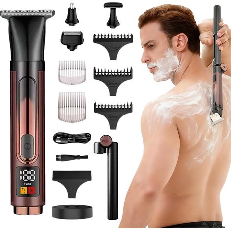 Rasoirs de dos pour homme, rasoirs corporels 4 en 1 pour homme avec poignée d'extension réglable, brosse de nettoyage de têtes de rechange, kit de toilettage électrique pour le dos et la poitrine (1/5)