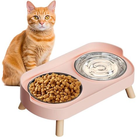 Comederos altos para gatos, incluye dos comederos de acero inoxidable, aptos para gatos y gatitos, previenen la fatiga de los bigotes, Rosa (1/5)