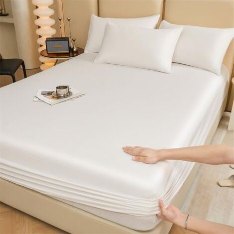 Protège-matelas 200 x 180 cm, drap-housse Queen pour lit double, tissu en coton, drap-housse à poche profonde de 30 cm, design antidérapant (blanc, drap uniquement) (1/5)