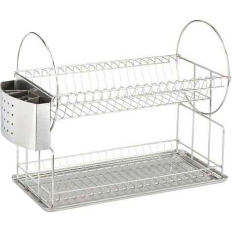 QORVA-Égouttoir Vaisselle Inox 2 étages Exclusif Duo , Egouttoir évier avec panier couvert et support assiettes, Acier Inox, 21x33x49 cm, Argent Brillant