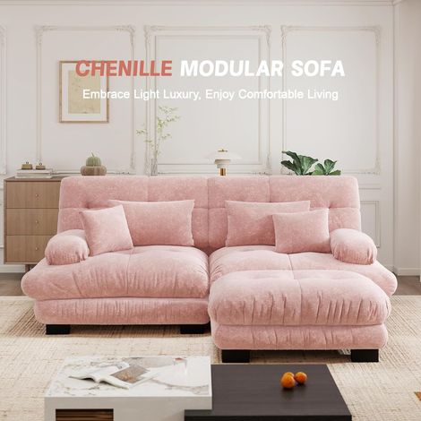 Canapé d’angle nuage – 2 places en chenille rose, 2 coussins lombaires, 2 oreillers décoratifs, capitonné, larges accoudoirs, pouf – Style tendance et moelleux (1/5)