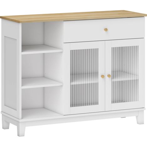Buffet 2 portes vitrées effet cannelé ALMENA aspect bois et blanc (1/5)
