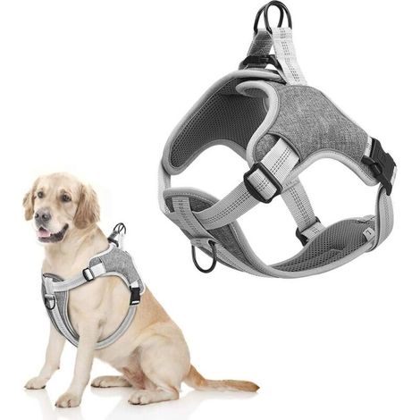 Harnais Chien Réfléchissant Anti Traction Rembourré Réglable Respirant pour Les Chiens dTaille Moyenne/Petite (XXL, Gris) (1/4)