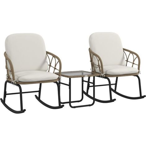 Salon de jardin 3 pièces, 2 fauteuils à bascule en rotin pe + ensemble salon de jardin avec table basse, coussins, acier poudré (1/5)