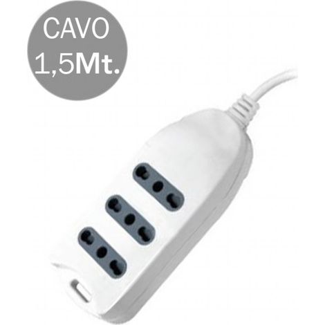 Regleta V-TAC con cable de 1,5 m, 3 tomas de corriente, 10/16 A, 2P+T, dos pasos, con conexión a pared, enchufe 16 A, 2P+T, color blanco (1/2)