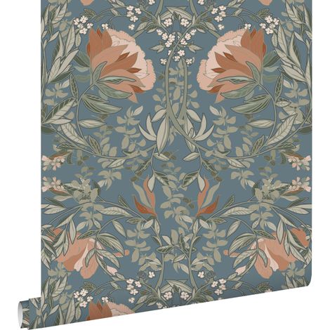 papier peint fleurs vintage de style art nouveau bleu gris - ESTAhome (1/5)