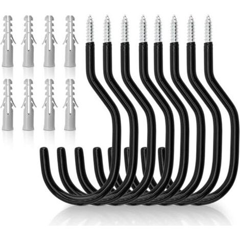 Lot de 8 crochets noirs pour vélo, rangement de garage et abri de jardin, crochets de plafond, support mural avec revêtement en plastique pour suspension murale de vélo (1/4)