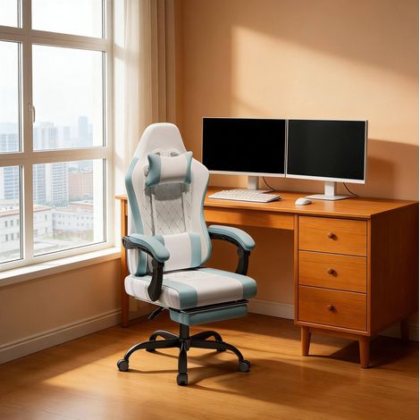 Silla de oficina ergonómica con masaje, altura regulable, giratoria, reposabrazos ajustables, respaldo de malla, azul y blanco (1/5)