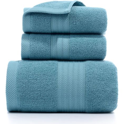 Ensemble de 3 serviettes de bain et 2 gants de toilette en coton filé à l'anneau, très absorbantes (bleues et vertes).