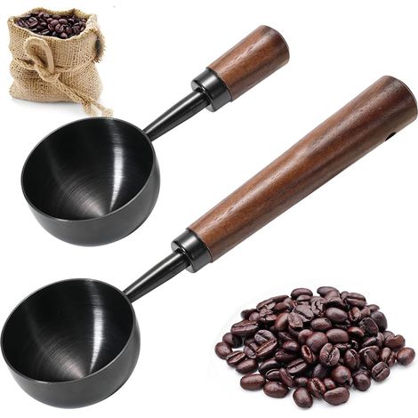 Juego de 2 cucharitas medidoras, cucharas medidoras de café vintage, cucharitas medidoras de acero inoxidable vintage, cucharitas medidoras con mango largo de madera, cucharas medidoras de cocina, per