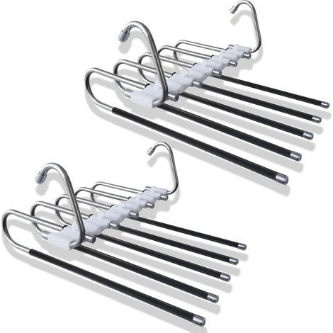 Set mit 2 Hosenbügeln, 5 in 1, platzsparend, rutschfest, Edelstahl, für Hosen, Schals, Jeans, Kleidung (schwarz) (1/5)