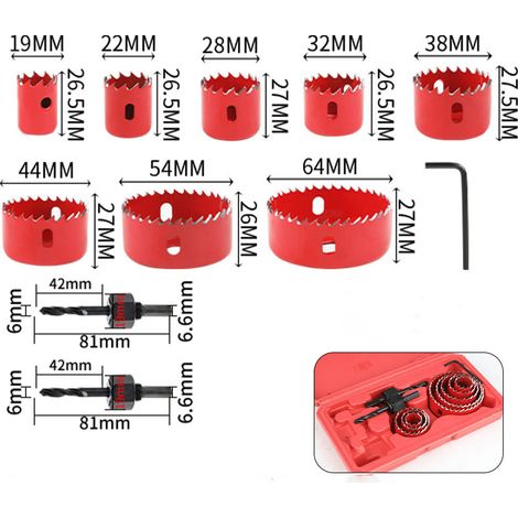 8 pièces Scie Cloche pour le bois Circulaires Cloche Perceuse idéale pour les planches de bois minces, les plaques en PVC et en plastique (Rouge -8pcs)