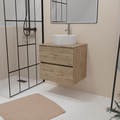 Mobile Bagno 60cm 2 Cassetti Rovere Naturale + Lavabo Rotondo Ø 41cm Ceramica Bianca (1/4)