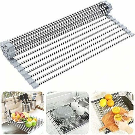 Séchoir à Vaisselle Pliable 45x33cm, Égouttoir en Silicone et Acier Inoxydable, Idéal pour Fruits, Légumes et Assiettes, Sans BPA - (1/5)