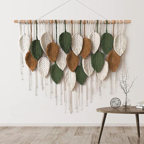 Macramé bohème : tenture murale tissée feuille plume, déco chic pour chambre ou salon. (1/5)