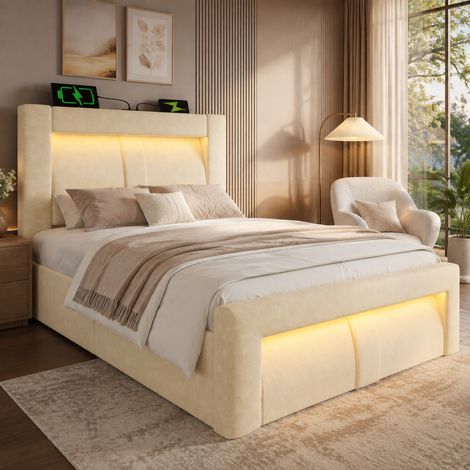 Cama canapé 90x200 cm de terciopelo beige con almacenaje, sin colchón FloraGrace (1/5)
