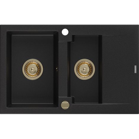 Mexen Gaspar 1,5-Becken-Granitspüle mit Abtropffläche 737 x 475 mm, Schwarz, Siphon Gold - 650773150 (1/5)