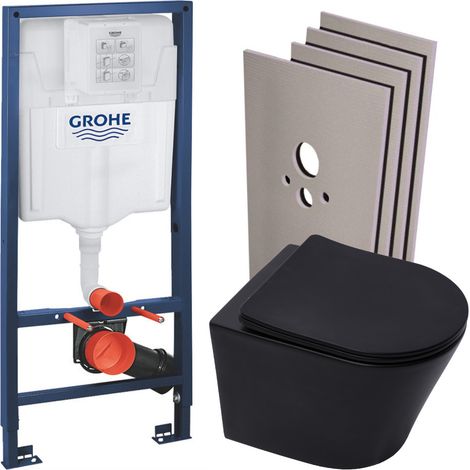 Grohe Pack WC Bâti-support Rapid SL + Cuvette SAT Infinitio noire mat + Abattant frein de chute + Plaque Chrome + Set habillage