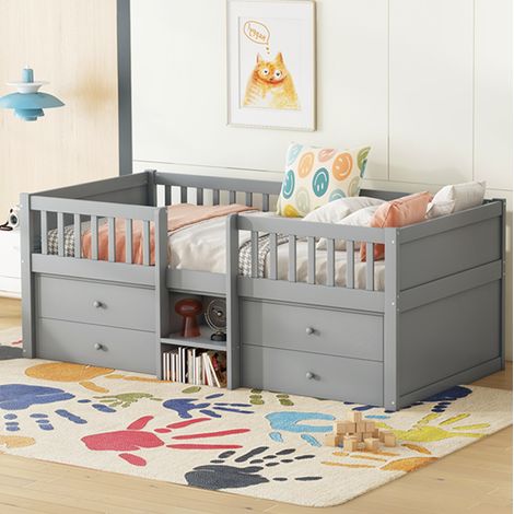Cama alta infantil 90x200 cm de madera gris, ahorro de espacio, sin colchón FloraGrace (1/5)