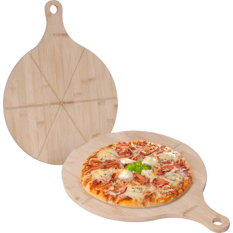 4 x tablas redondas para pizza, bambú, Ø 33 cm, tabla para servir, flammkuchen, queso, natural (1/5)