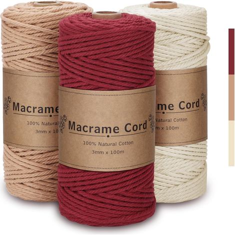 Corde Macramé 3mm x 100m, Set de 3 - Fil Coton Naturel 4 Fils pour Tenture Murale, Suspension de Plantes et Décoration Boho (Beige, Rouge Brique, Bordeaux) (1/5)