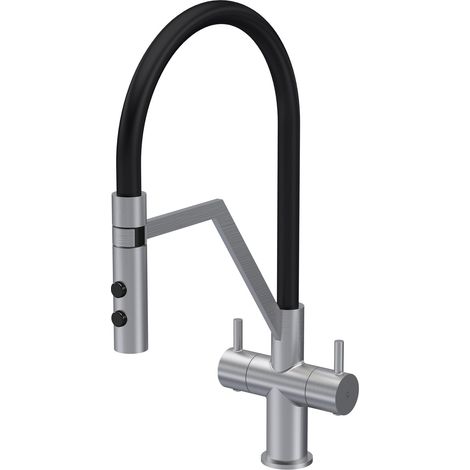 Balterley Haughton Modern Kitchen Mono Mixer Tap with Dual Lever Handles, Curved Swivel Spout - Brushed Nickel Finish (1/5)
