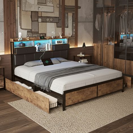 Lit 160x200 cm avec éclairage LED et 2 port USB, lit double avec tiroirs, cadre de lit avec sommier à lattes et tête de lit, lit 2 personnes, PU, noir (1/5)