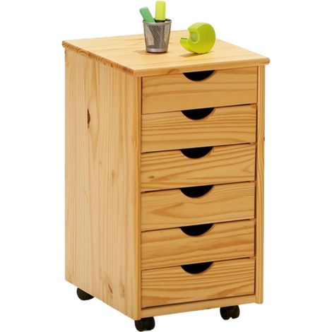 Paris Prix – Caisson de bureau 6 tiroirs sur roulettes – Dimensions L. 35 x P. 40 x H. 65 cm – En pin massif naturel – Idéal pour espaces de travail (1/5)