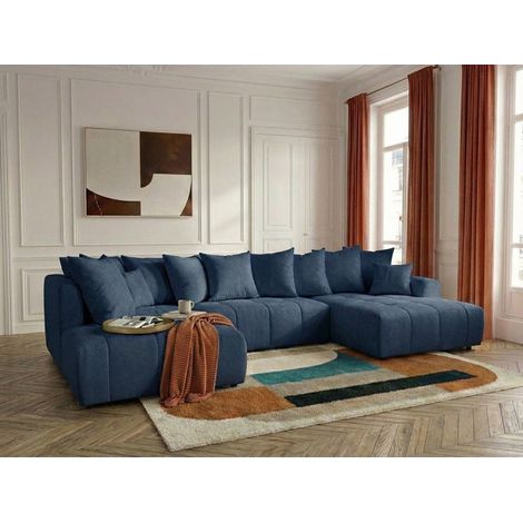 BOBOCHIC - Canapé panoramique convertible ROXELANE tissu chiné Angle droit Bleu foncé (1/5)