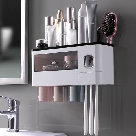 Porte-brosse à dents magnétique inversé avec support dentifrice et 3 gobelets transparents/noirs