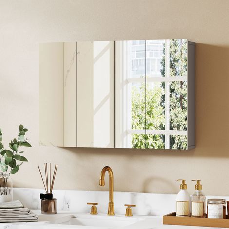 Armoire à pharmacie murale avec portes miroirs, 3 portes, étagères réglables, gris (1/5)