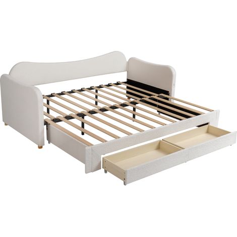Lit rembourré, lit de jour, canapé-lit, avec 2 tiroirs de rangement, lit de repos 90x200 cm, extensible à 180 cm, avec port USB, bouclé beige (1/5)
