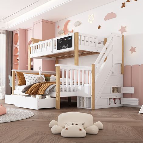Lit superposé enfant 90x200 + 140x200 cm, en bois, avec tableau, rangements et tiroirs, échelle sécurisée, blanc et chêne clair, sans matelas (1/5)
