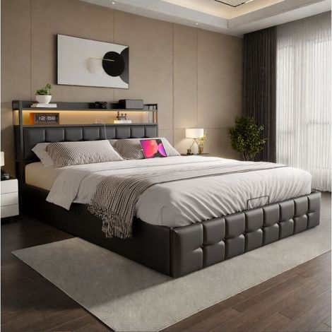 Bett mit Speicher 160 x 200 cm, Bett 160x200 cm aus Metall, Erwachsenenbett mit USB-Anschluss, LED-Beleuchtung und Lattenrost inklusive, schwarzes PU, ohne Matratze