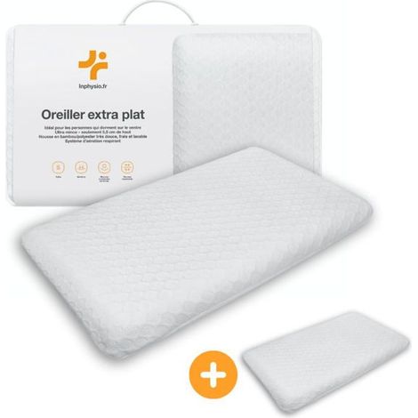 Oreiller Extra Plat INPHYSIO 50x30x5,5 cm – Mémoire de Forme – Anti-Acariens – Avec 2 Taies Bambou