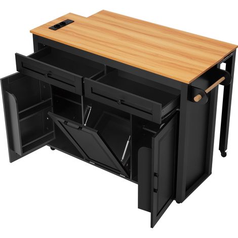 Îlot de cuisine sur roulettes noir en MDF, plan de travail extensible de 40 à 75 cm, prises électriques et rangements intégrés (1/5)