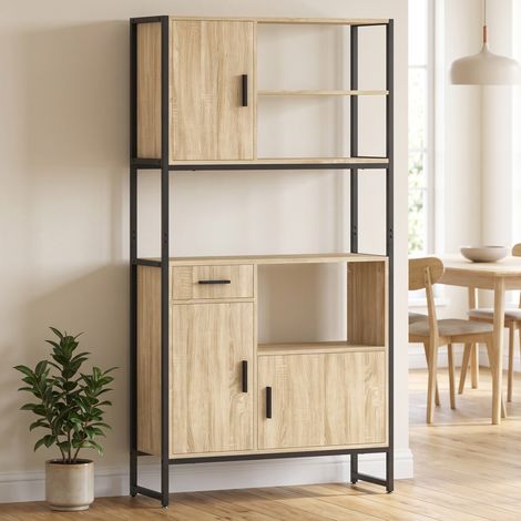 Buffet Haut Cuisine, Armoire de Cuisine, 3 Portes à Fermeture Douce, Tiroir, Plan de Travail, Niches Ouvertes, Naturel (1/5)