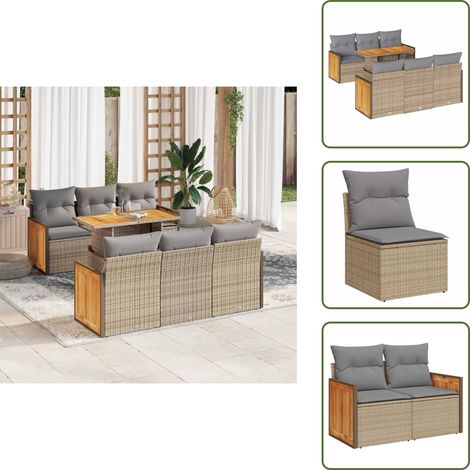 7-tlg. Garten-Sofagarnitur mit Kissen Beige Poly Rattan Akazie - Gartensofa Set - Garten Sofa Set - Outdoor Sofa Set - Garten Sofagarnitur (1/5)
