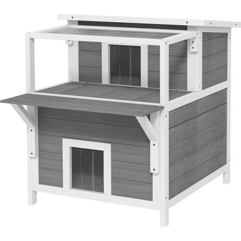 Maison à chats 2 niveaux avec balcon, entièrement ouvrable, intérieur extérieur, gris clair