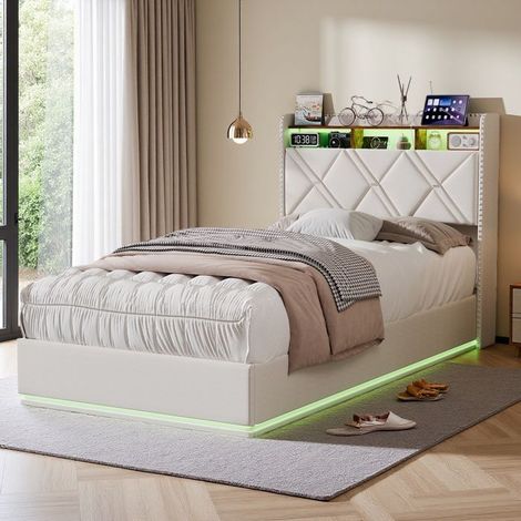 Bett 90x200 cm, Einzelbett 90x200 cm aus beigem Leinen mit Lattenrost, hydraulischer Stauraum, LED-Beleuchtung und genagelten Oberflächen. (1/5)
