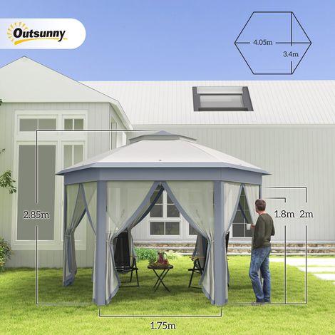 Gazebo pliant de jardin 4x4m tente escamotable avec sac de transport et 6 panneaux latéraux double baldaquin gris hexagonal pour les fêtes de jardin