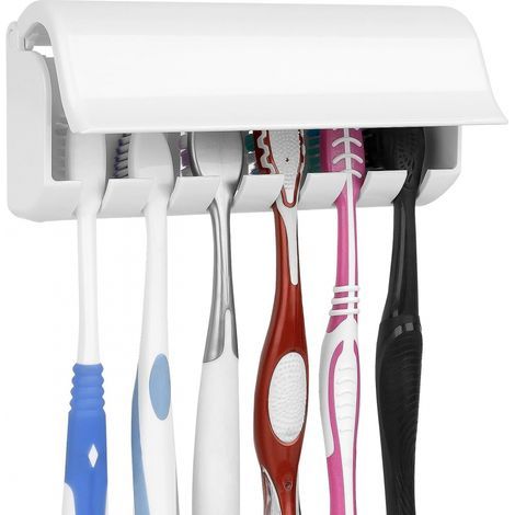 Porta spazzolini da parete (con coperchio) adatto per il bagno, porta spazzolini in plastica autoadesiva a 6 scomparti (1/4)