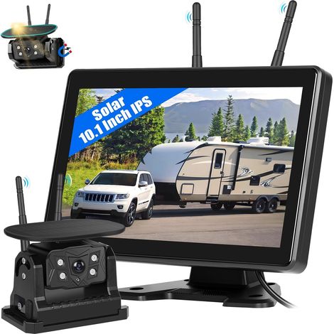 Solaire Caméra de recul sans Fil avec 10 Pouces Écran Tactile, 10000 mAh Caméra Magnétique 720P IP68 Étanche Vision Nocturne 320ft Max pour Voiture 12-36V, Caravane, Camping-Car, SUV (1/5)