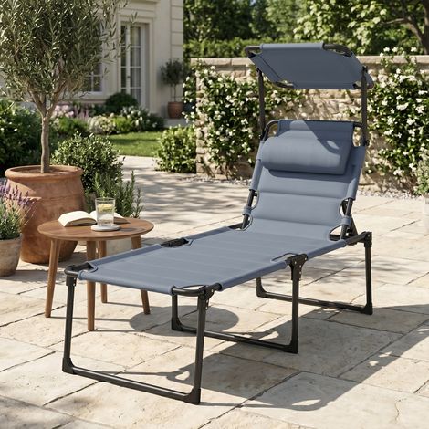 Bain de soleil chaise longue pliante avec pare-soleil, appuie-tête inclinable en tissu Oxford 70 x 200 x 45 cm gris