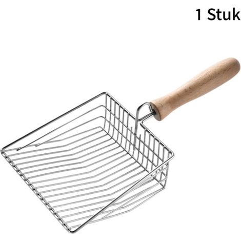 pelle à litière en métal - manche en bois - grande taille avec des trous fins - accessoires de litière pour chat - pour ramasser les grumeaux et les excréments - résistant à la rouille (1/5)