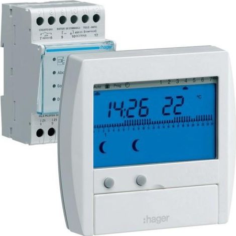 Hager – Gestionnaire d'énergie 2 zones 230V – Contrôle chauffage électrique – Programmation 7 jours – Délestage automatique – Température -5 à 45°C (1/4)
