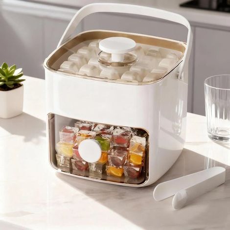 Vaschetta per cubetti di ghiaccio di alta qualità per il vano congelatore, adatta per bevande, whisky, birra, cocktail e caffè. Coperchio trasparente a chiusura ermetica per mantenere il ghiaccio puli (1/5)